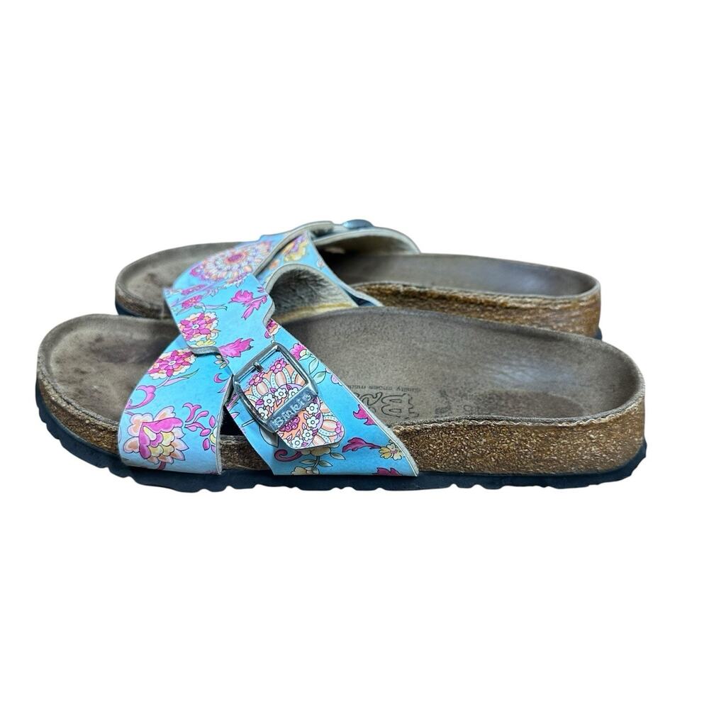 Birkenstock Birkis Cross Strap Blue Pink Floral Slide Slip On Sandals Womens 8 - Picture 4 of 9
